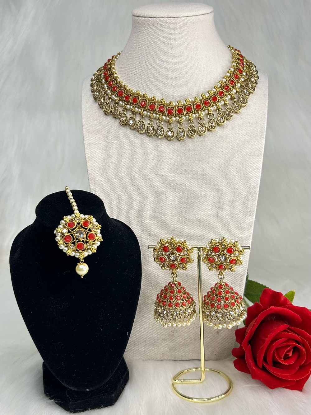 Beautiful Gold-Tone Red Necklace With Jhumka and Tikka Set